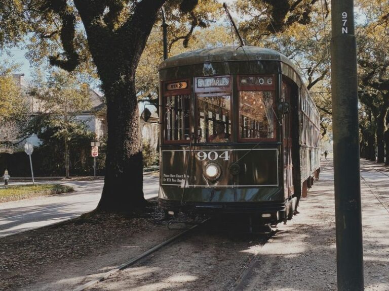 St. Charles Avenue streetcar under the live oaks in New Orleans